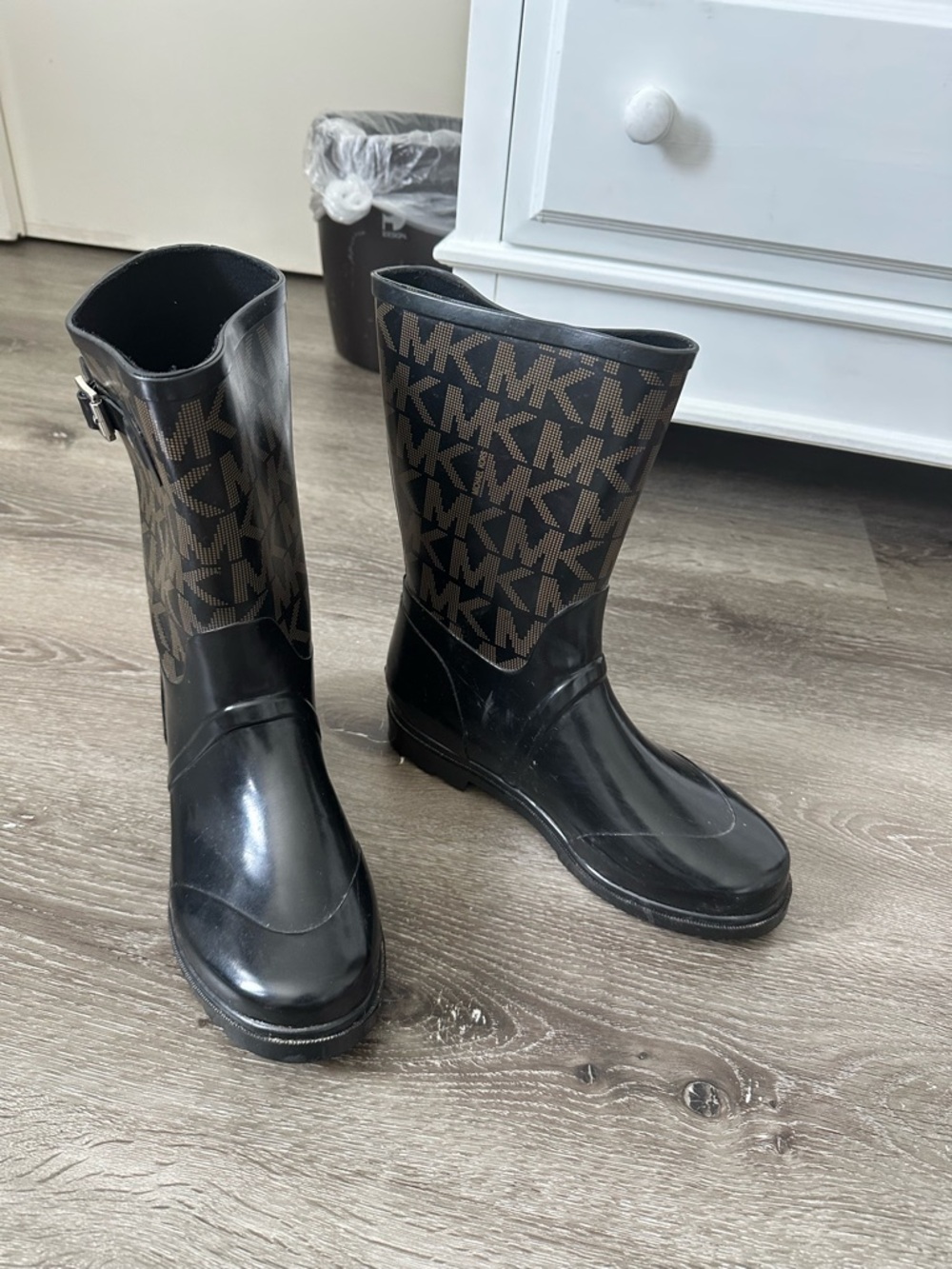 Women Michael Kors Black and Brown MK Logo Rain Boots - Picture 2 of 10